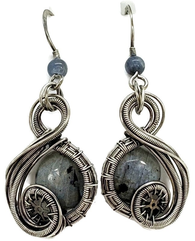 Larvikite Steampunk «Swish» Earrings in Sterling Silver with Blue Kyanite
