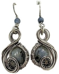 Larvikite Steampunk «Swish» Earrings in Sterling Silver with Blue Kyanite