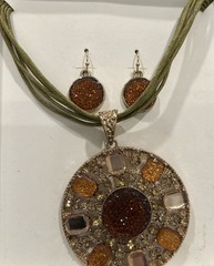 Multiple Corded Necklace W/ Large 2 1/4″ Pendant and Earrings New In Box