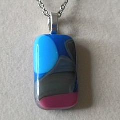 Hand Crafted Fused Glass Pendant Necklace W/ Chain #2023 blue gray pink