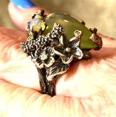 Sterling Prehnite Stone Ring Gold Black Rhodium 133CWT Opal 6 Topaz Cocktail 7