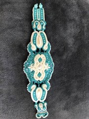 Beautiful soutache bracelet – turquoise & white with beads and pearls – 7”
