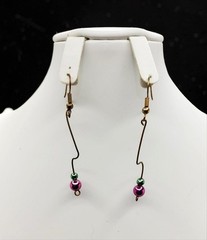Vintage Copper wire 2.25″ dangle fashion earings with green and purple beads
