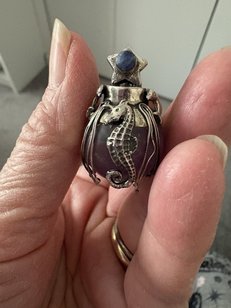 Artisan Signed Amethyst And Sterling Silver 925 Dolphins Seahorse Lapis Pendant