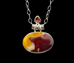 Mookaite Jasper Stone W/ Garnet Pendant Necklace 925 SS Oval Pendant w/ Chain