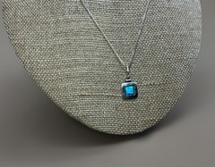 Handmade Didea 925 Sterling Inlaid Fire Opal Square Pendent Necklace 18.5” 3.5g