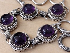 Handmade 925 Sterling African Amethyst Cabochon Bracelet 32.6g Toggle Adjustable