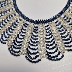 Artisan 18″ Scallop Iridescent Blue Silver Glass Seed Bead Collar Bib Necklace