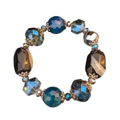 Blue Agate Faceted, Smoky Crystal and Oblong Stone Beaded Stretch Bracelet