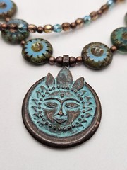 Handcrafted Green Patina Copper Sun Pendant Glass Beaded Necklace Toggle Clasp