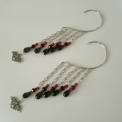 Gothic Bat Ear Cuff: Black Red Beads, Silver Plated Chain, Non-Piercing Earrings