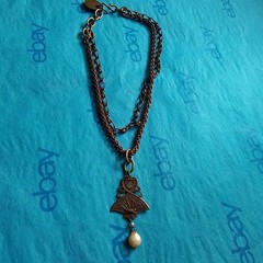 Twisted Silver Designer Necklace, Brass/Copper, Pendant w/ White FW Button Pearl