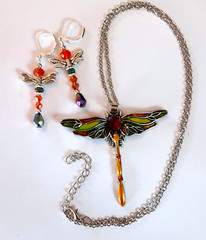 DRAGONFLY pendant ORANGE & LIME NECKLACE SET silver tone #DP18