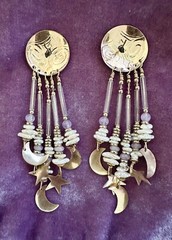 TABRA 14k Gold-Fill Embossed Moon & Stars Rose Quartz Pearl Chandelier Earrings