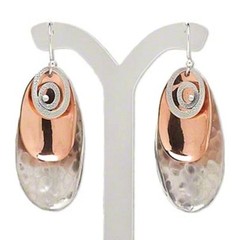 Hammered Solid 925 Sterling Silver & Polished Copper Oval Drop Dangle Earrings