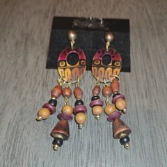 Handcrafted Bohemian Dangle Earrings Wood Brass Brown Gold Black Artistic