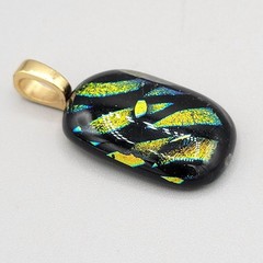 Dichroic Glass Pendant With Gold Tone Bail Shiny Glittery Green Black
