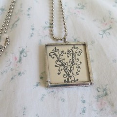 Vtg Y2K Handmade Soldered Glass Charm Necklace Letter V Music Notes Shabby Chic