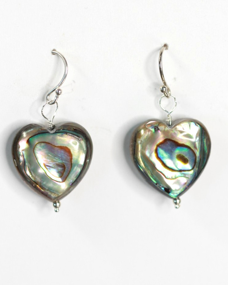 Abalone Earrings Paua Shell 16mm Heart 925 Sterling Silver Iridescent 1.25″