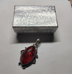 Handmade Amber Pendant. Set In Tarnish-Resistant Rhodium Plated Mount