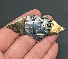 Artisan Sterling Silver Mixed Metal Music Notes Winged Heart BROOCH Signed Roné
