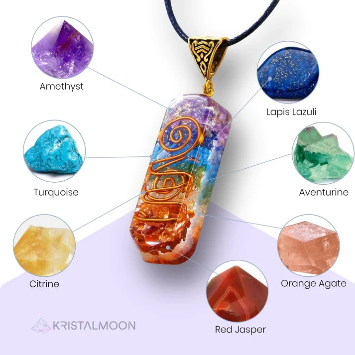 Seven Chakra Orgone Necklace Reiki Copper Double Coil Healing Round Cord Pendant
