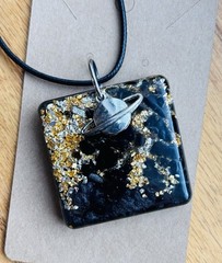 Handmade Obsidian Resin Pendant Necklace Saturn Charm Gold Crushed Glass Jewelry