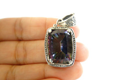 Rectangle Mystic Topaz Solitaire Ornate Edged 925 Sterling Silver Pendant