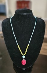 David Aubrey Necklace Carved Cinnabar & Turquoise Seed Bead 15″