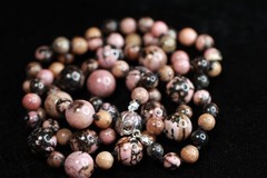 Rhodonite Necklace Pink Black Ball Natural Gemstone Silk Knotted Hand Tied 26″