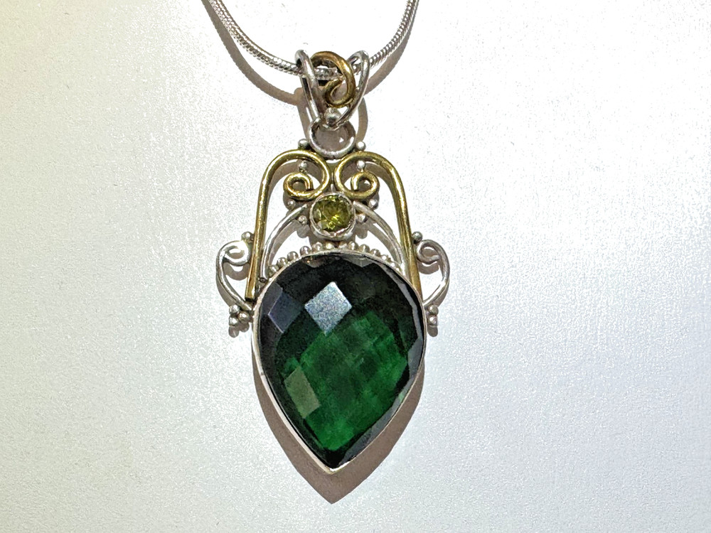 Handcrafted Sterling Silver Pendant with 15x19mm Nano Emerald & 4mm Peridot