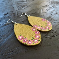 Handmade Genuine Leather Earrings Yellow Pink Painted Flowers Mexican Folk Art