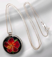 Cloisonne Enamel Sterling Silver Hawaii Hibiscus Flower Signed Pendant Necklace