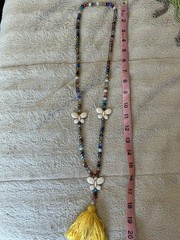 Handcrafted Beaded Necklace Butterfly Charm Multicolor Yellow Tassel 21in