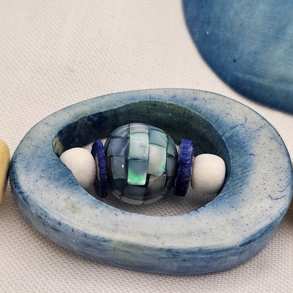 Artisan Blue & Natural Tagua Nut Set Statement Necklace/Earrings Eco-Friendly