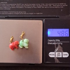 Vintage Carved Coral Elephant & Green Stone Guardian Lion Charms With 14K Gold