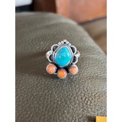 Kingman Turquoise ring with 3 Spiny Orange stones in SS