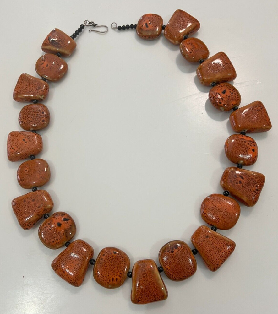 Vintage Reddish Brown Porcelain Chunky Necklace Artisan Handmade 25” Heavy Boho
