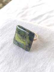 Handcrafted Gold Adjustable Polymer Clay Ring Square Green Yellow Black