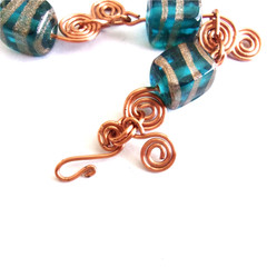 Bracelet teal blue beads copper wire links spirals sz 8 Pat2 handmade