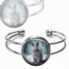 Unique Snowy Day Russian Blue Cat Silver Cuff Glass Dome Bracelet Cat Mom Gift