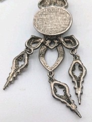 Ornate Statement Pendant Necklace Silver Tone 15″ Black Cabochon