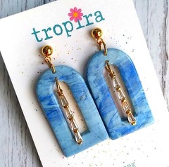 Arched blue gold CZ polymer clay earrings
