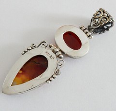 Two Stone 925 Sterling Silver Red-Brown Jasper, Carnelian Sard Pendant w Hinges
