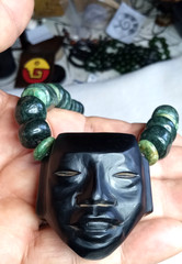 Aztec Teotihuacan face handmade on Black Obsidian neckalce.