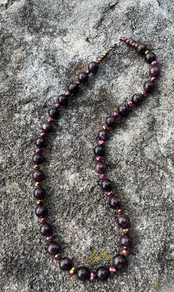Handcrafted Genuine Garnet & Faceted Iridescent Accents Crimson Necklace