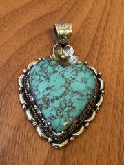 Stunning Heart Shape Howlite Turquoise Hand Carved Pendant Set In Silver 3in,29g