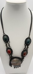 Artisan Mixed Stone Statement Necklace Large Cabochons Oxidized Silver Tone Boho