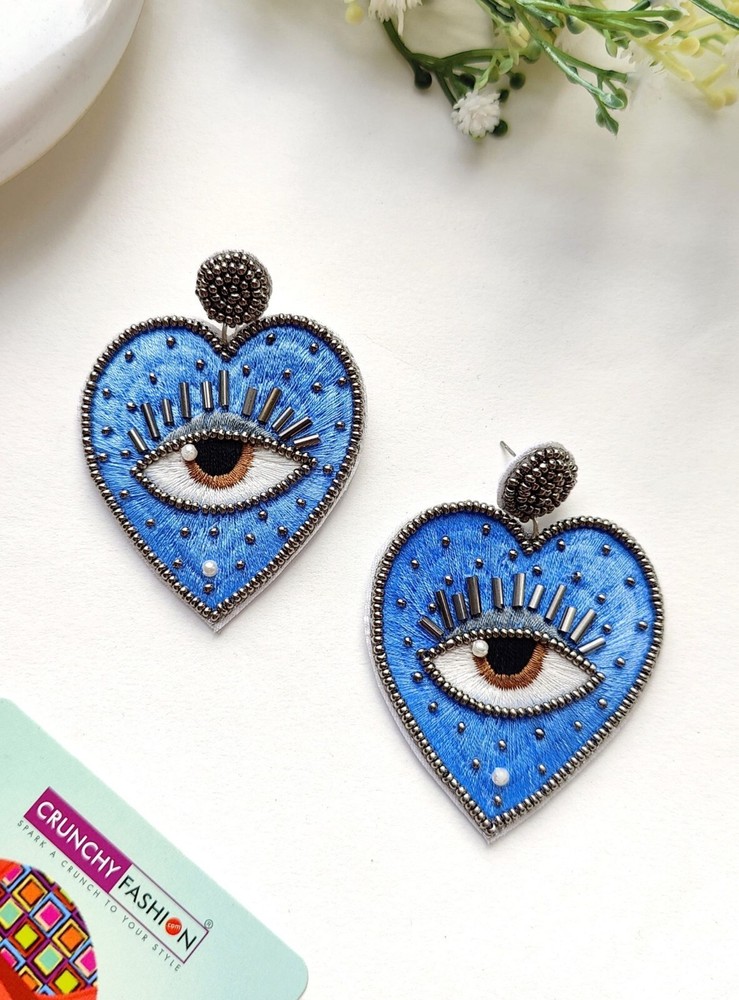 Nativ American Beaded Evil Eye Earrings-India Handmade Heart Danglers for Women