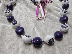 Hawaiian Purple & White Natural Kukui Nut Necklace Black Ribbon Tie Closure 32”
